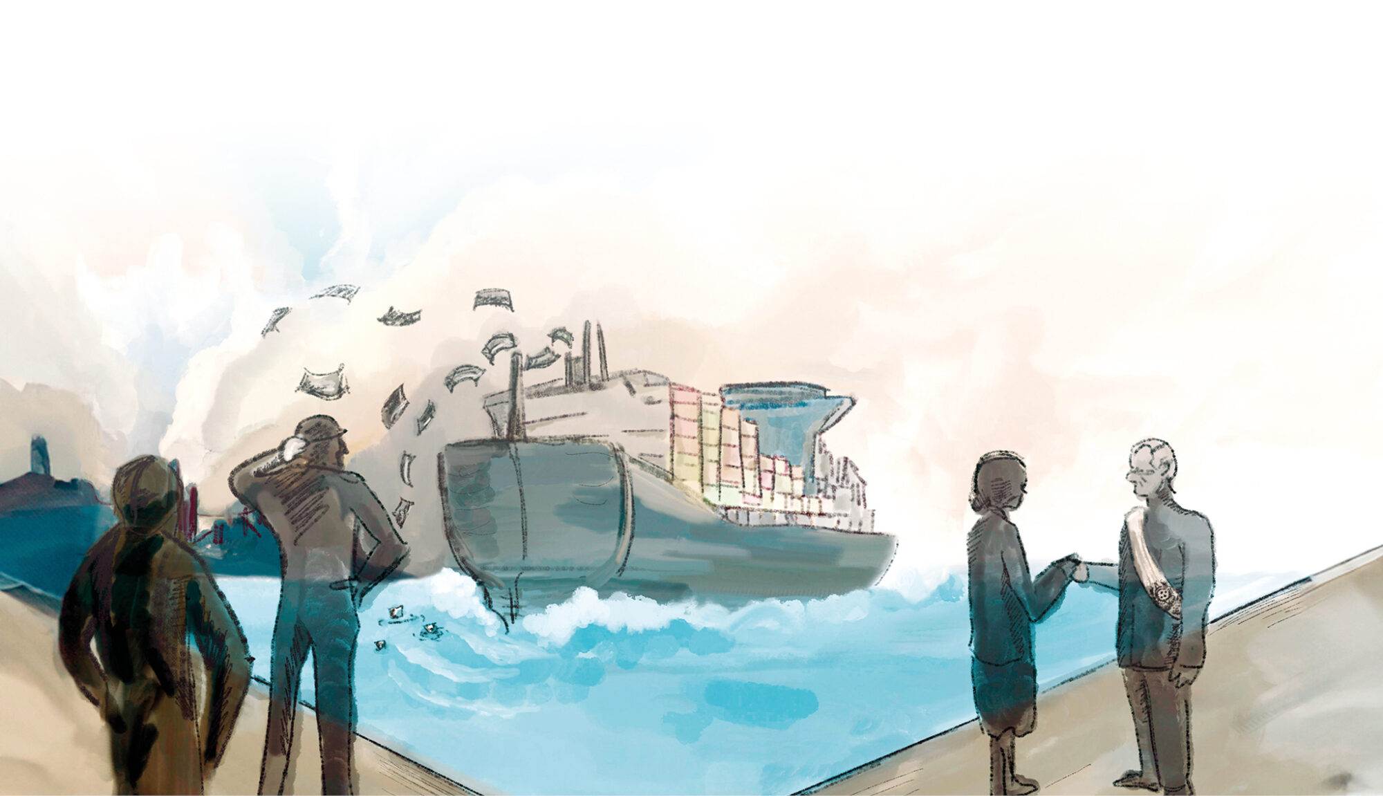 Uma ilustração de um grupo de pessoas em frente a um navio