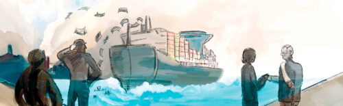 Uma ilustração de um grupo de pessoas em frente a um navio