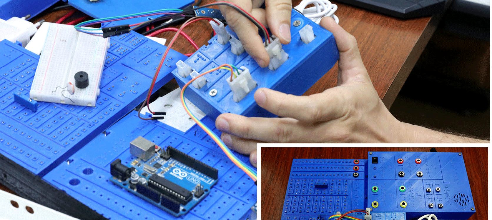 Placa de ensaio (protoboard) em plástico com sensores táteis facilita as aulas práticas para estudantes com deficiência visual