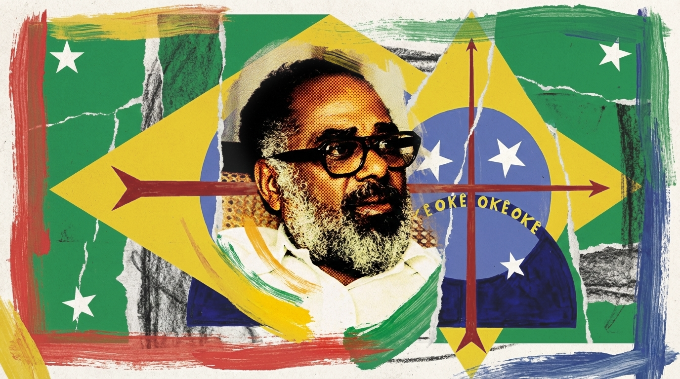 Ilustração artística estilo colagem. Ao centro, um retrato em meio-tom (halftone) de Abdias Nascimento. Ele está sobreposto a camadas rasgadas e texturizadas que formam uma versão desconstruída da bandeira do Brasil, com elementos em verde, amarelo, azul e estrelas brancas. Uma forma de seta horizontal avermelhada atravessa o meio da composição. No círculo azul da bandeira, lê-se o texto amarelo "OKE OKE OKE OKE". Pinceladas grossas e texturas de papel envelhecido em tons terrosos e suaves dominam a obra.