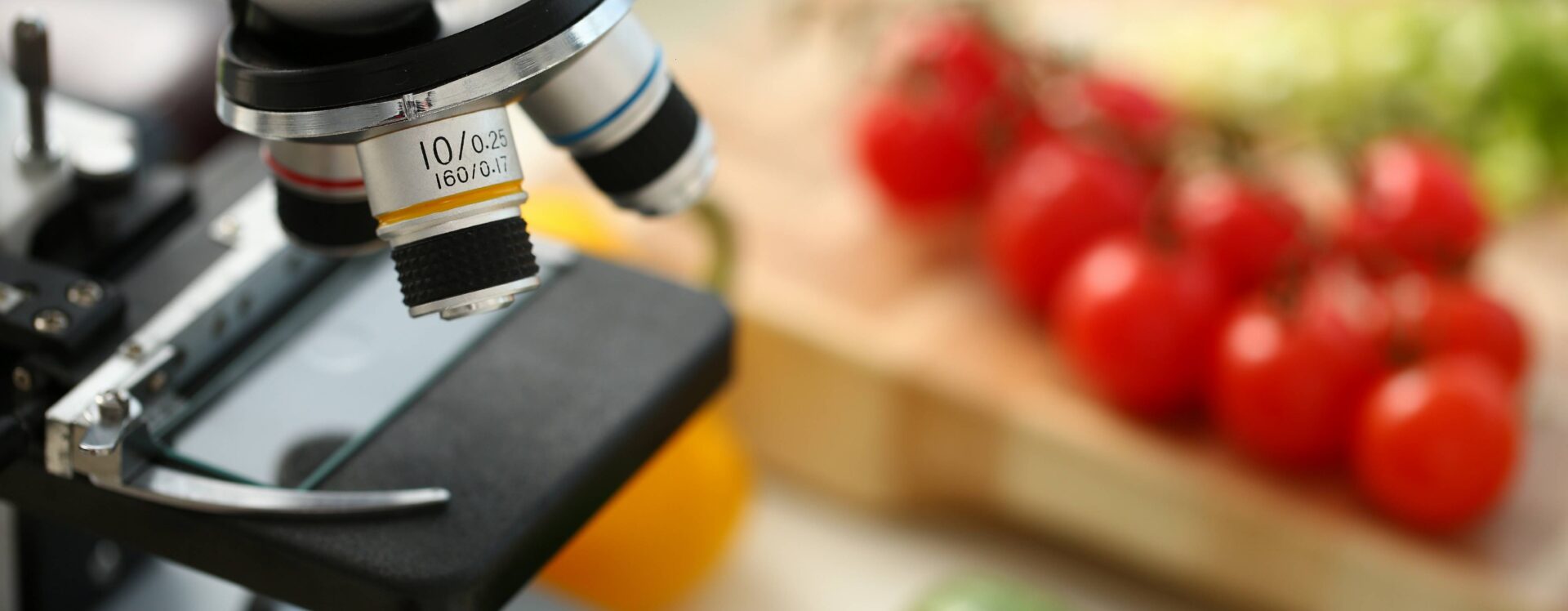 Cabeça de microscópio em fundo de cozinha, conceito de vegetais, nitratos