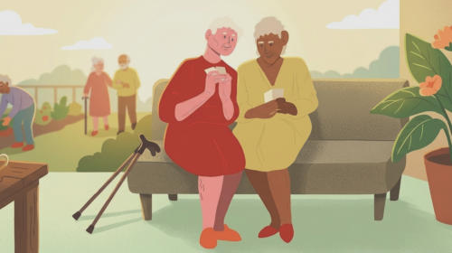 Ilustração em estilo flat de duas idosas sentadas em um sofá em uma varanda ensolarada, sorrindo enquanto olham cartas de baralho. Ao fundo, um jardim com outros idosos caminhando e cuidando de plantas. Em primeiro plano, uma mesa com frutas e uma xícara de chá quente. A cena transmite uma atmosfera de bem-estar, convivência social e saúde na terceira idade